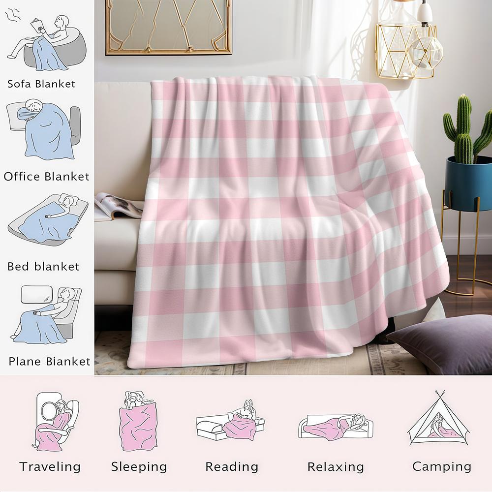 Pink & White Gingham Flannel Blanket Warm Soft Halloween Christmas Couch Warm Cozy Decorative Decor Gift for All Season