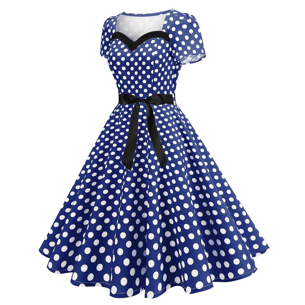Damenmode Lässiger Stil Abendkleid Kurzarm Swing Polka Dot Retro Kleid