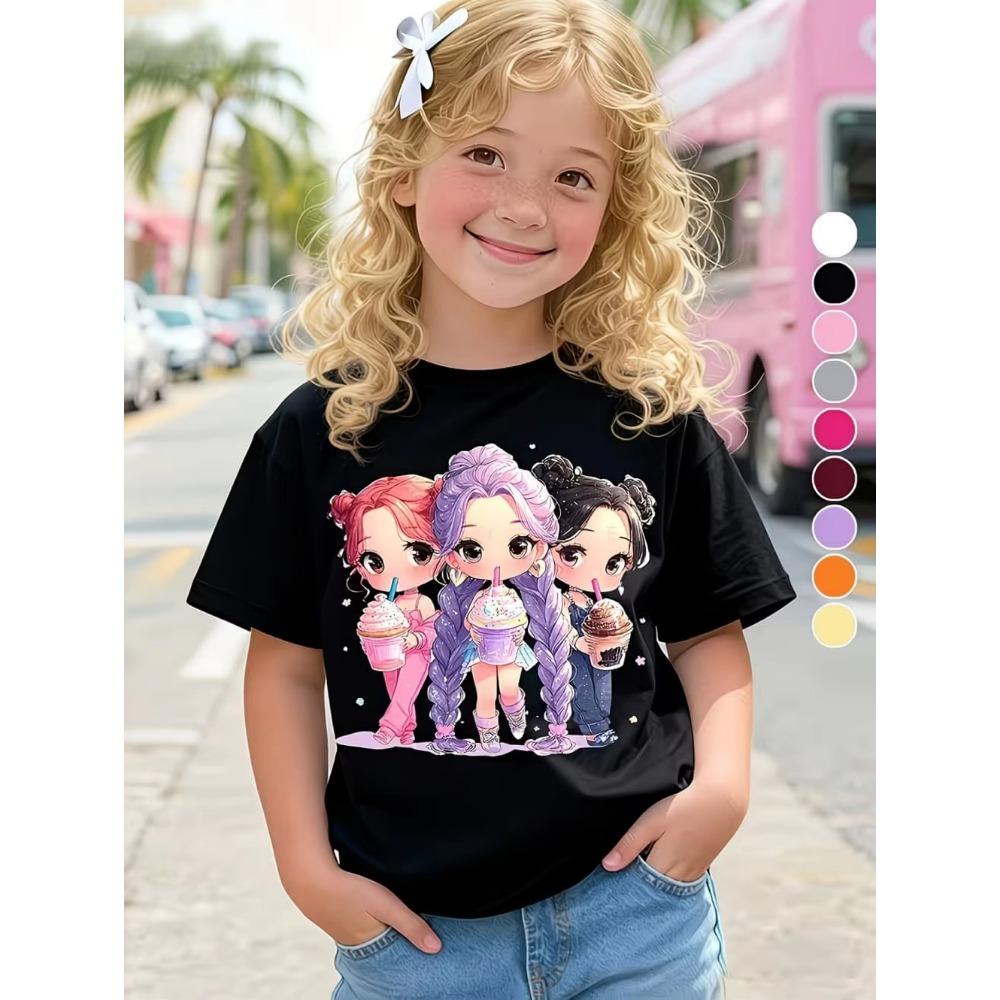 Children's Kpop Popular Cartoon Print T-Shirt Tops Clothing Design Casual Harajuku Style Round Neck Short Sleeve Girl Clothing