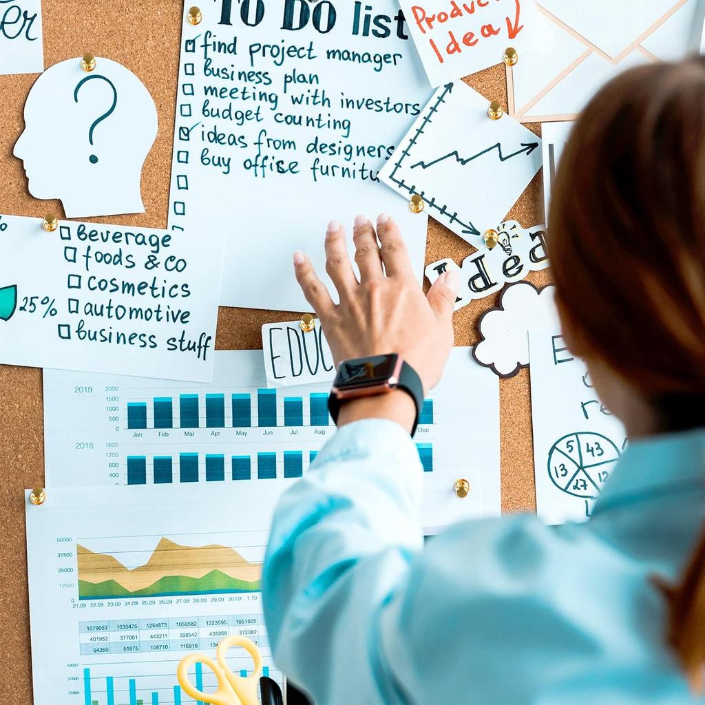 200 Count Gold Push P - Standard Plastic Head Steel Point Thumb Tacks for Bulletin Board, Cork Board, Wall Hanging - Decorative Office Supplies