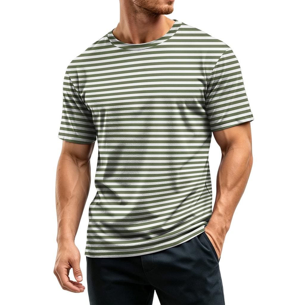 Men's Casual Quick-Dry Short Sleeve Shirt with Round Neck Lightweight Mesh and Striped Design