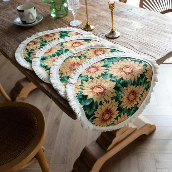 Tassel Placemat Pastoral Style Flower Oil Painting Aesthetical Round Shape Parties Weddings Banquets