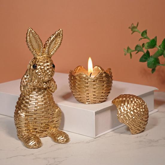 Yousheng Bunny Decoration Rattan Effect Resin Candle Holder Imitation Rattan Texture Easter Bunny Ornament Resin Figurine Home Table
