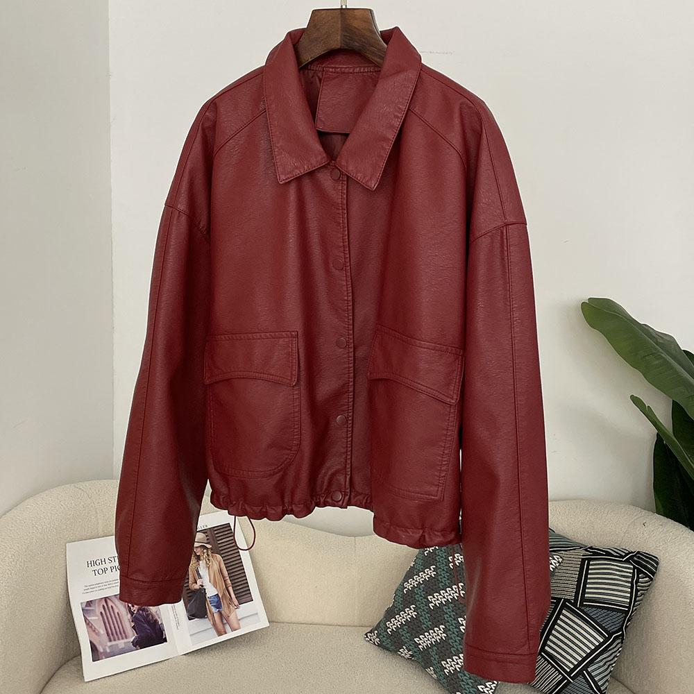 OFTBUY Women Vintage Loose Pu Faux Leather Short Jacket Casual Motorcycle Jacket Female Zipper Retro Moto Biker Coat Outwear Tops