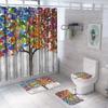 Colorful Rainbow Tree Shower Curtain Set Non-Slip Rugtoilet Lid Cover Bath Mat Watercolor Blooming Tree Branches Shower Curtain