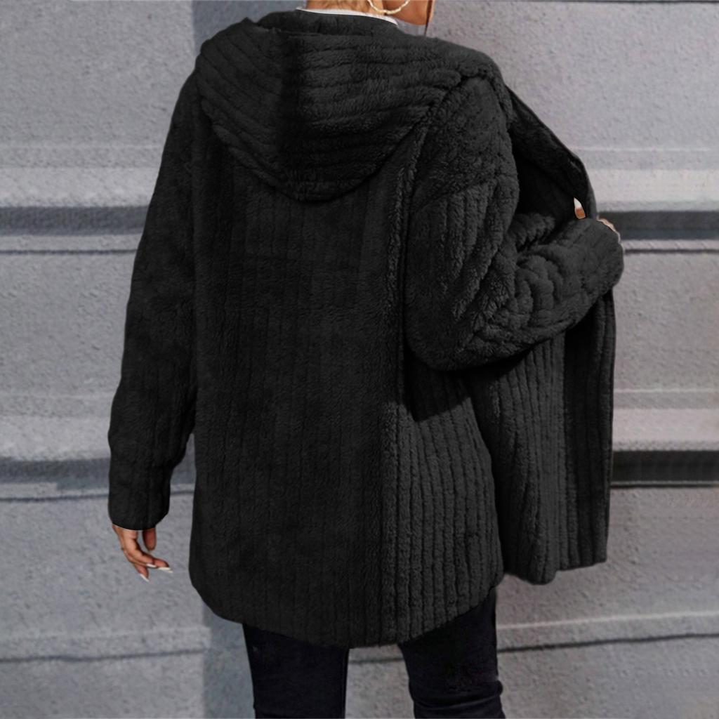 Damenmode Lässig Warm Vertikal Gestreift Doppelseitiges Fleece Kapuzen-Cardigan Jacke