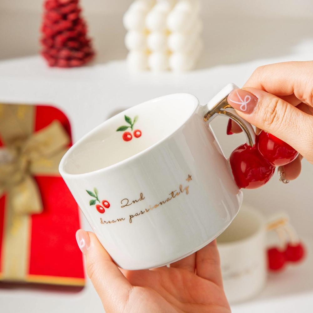 

Cute creative cherry ceramic cup Nordic ins high value gold handle mug home design water cup gift 300ml