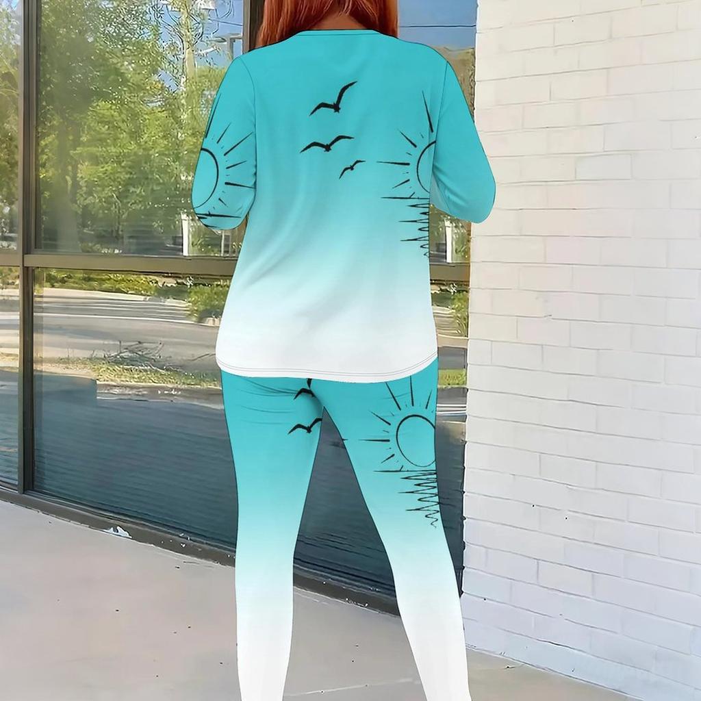 Women Plus Size Two Piece Set Round Neck Long Sleeve Top Fitted Pants Cartoon Printed Colorful Outfit