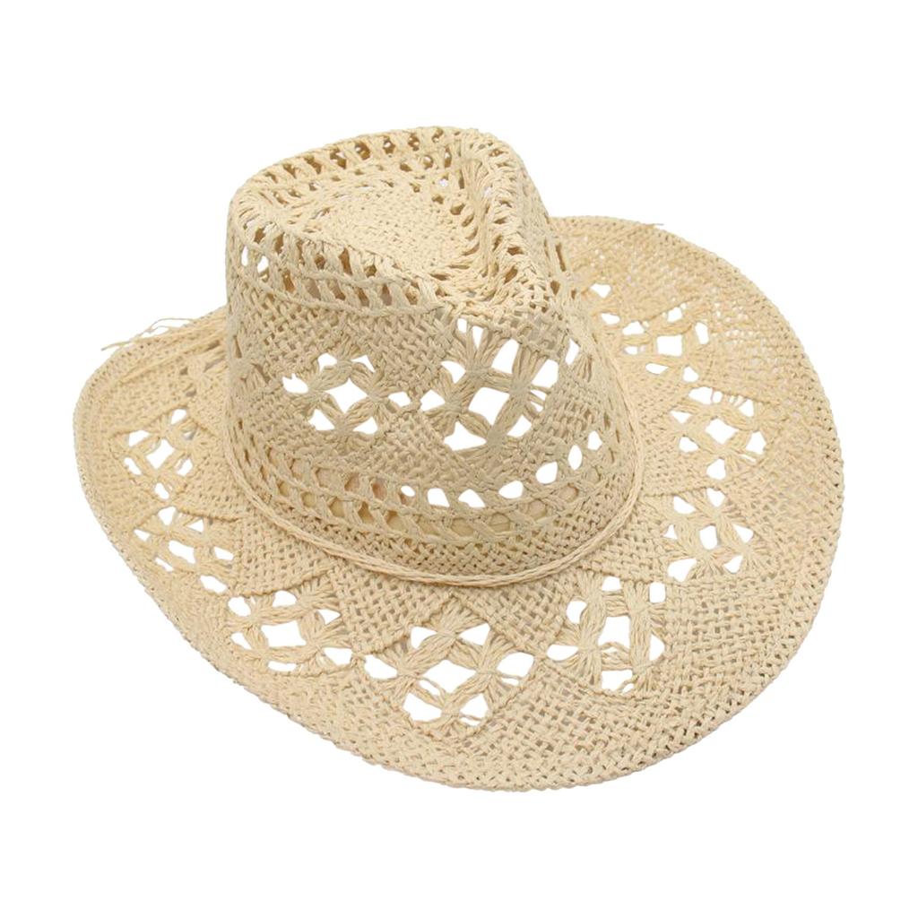 Pălărie cowboy țesută manual cu decupaje Material de paie respirabil Design ușor Construcție durabilă Potrivită pentru activități în aer liber și purtare casual