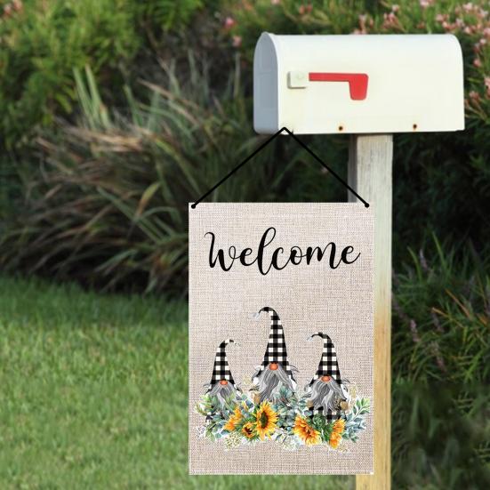 

Садовый флаг Мультфильм Добро пожаловать Декоративный узор Моющийся льняной двор Флаг для крыльца
