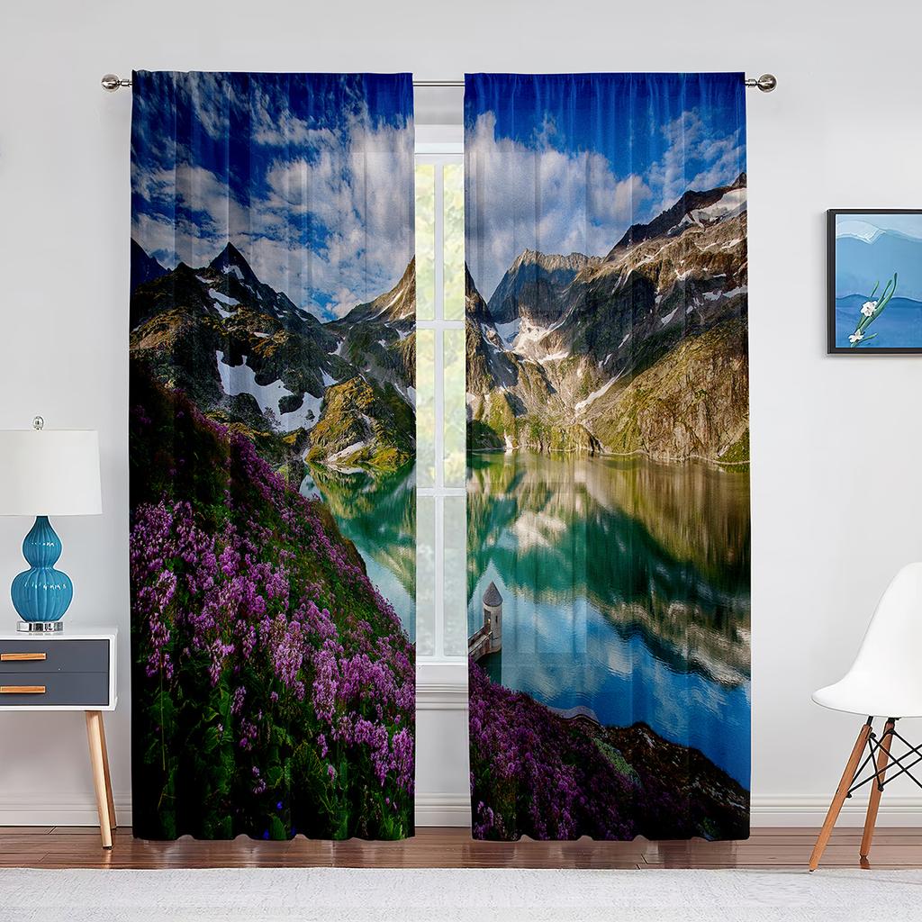 Bergsee Frühling Naturlandschaft Voile Vorhang für Schlafzimmer Wohnzimmer Küche Blumen Feld Fenster Vorhänge 2 Paneele Drapierung