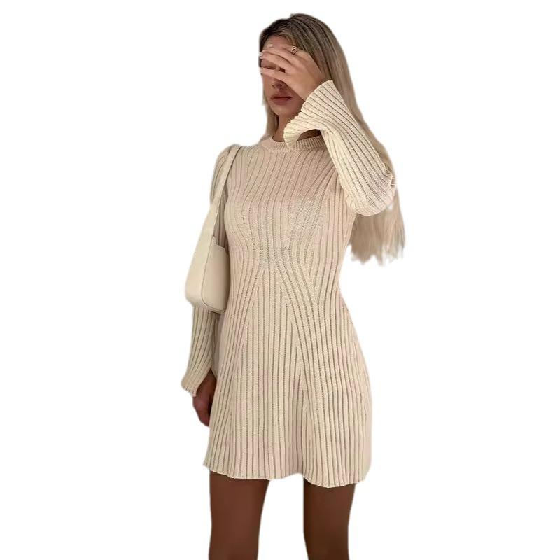 2024 Autumn Women's Solid Color Round Neck Slim Fit Long Sleeve Knit Dress