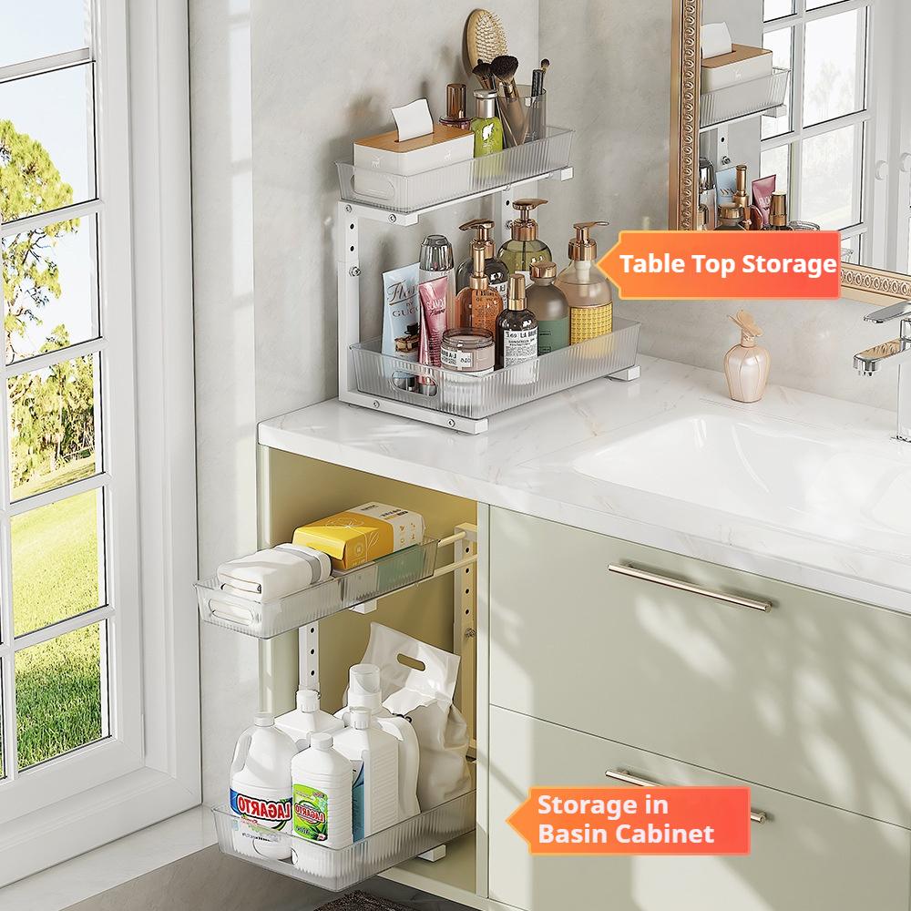 2 Tier Under Sink Organizer Bathroom Organizer Sliding Cabinet Basket Adjustable Kitchen Spice Jar Storage Rack Slide Out Drawer