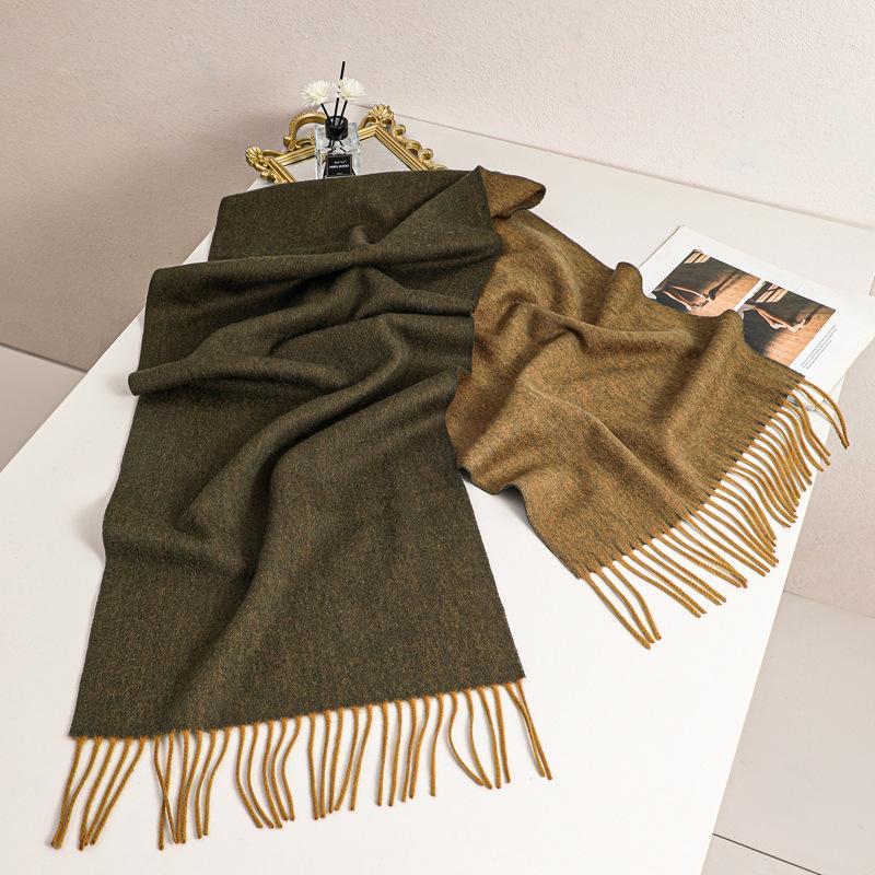 Autumn and winter double-sided two-color 100 wool narrow scarf women's high-end light luxury thermal scarf air conditioner shawl outside
