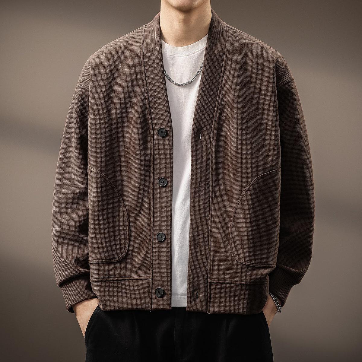

2025 Men s Japanese Retro Waffle Knit Hoodie - Winter Casual Fashion Long Sleeve Jacket M for 50-60 kg