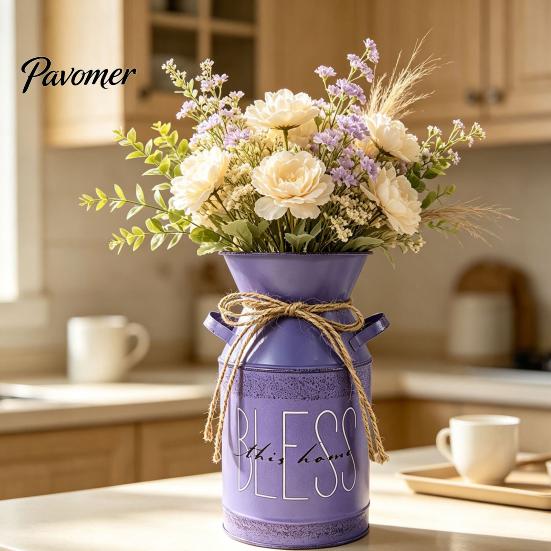 American Pastoral Style Decor Vintage Metal Milk Can Vase, Farmhouse Iron Flower Bucket with Handles & Jute Handmade Hemp Rope Ornament Bow,