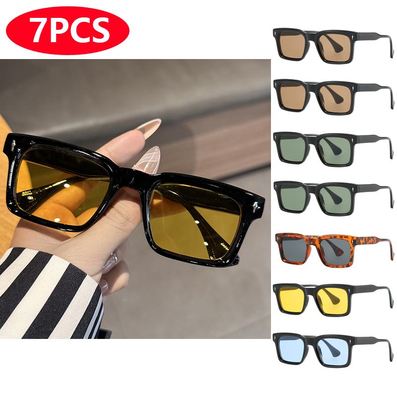 7pcs Rectangular Sunglasses Female Male INS Style Luxury Brand Design Square Sun Eyeglasses Vintage UV Resistant Eyeglasses Unisex