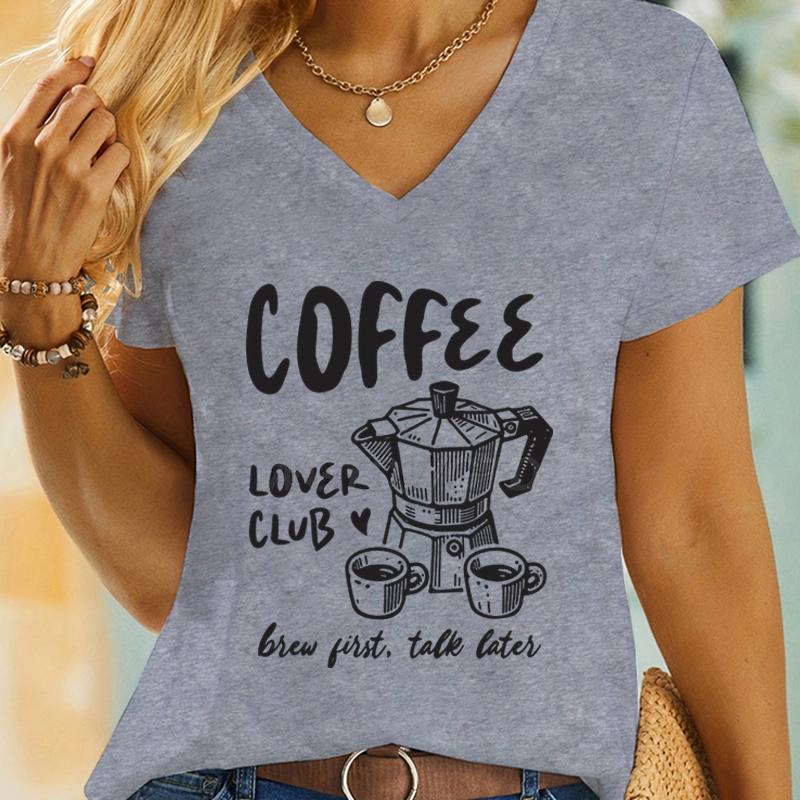 Summer Woman T-shirts Coffe Lover Club Short Sleeve Tee V-neck Casual Tops Coffee Lover Gift New Fashion Casual T-shirt Tops