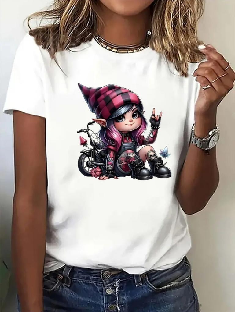 Retro Motorrad Grafik T-Shirt für Damen Elegantes Süßes Design Rosa Frau Kurzarm Print Tee Sommer Rundhals Lässige Tops