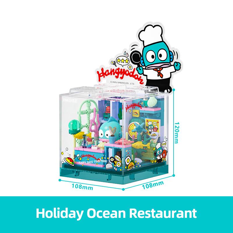 Sanrio Building Blocks Hellokitty Kuromi Bakery Dessert House Ocean Restaurant Shop Model Brick Desktop Display Adult Collection