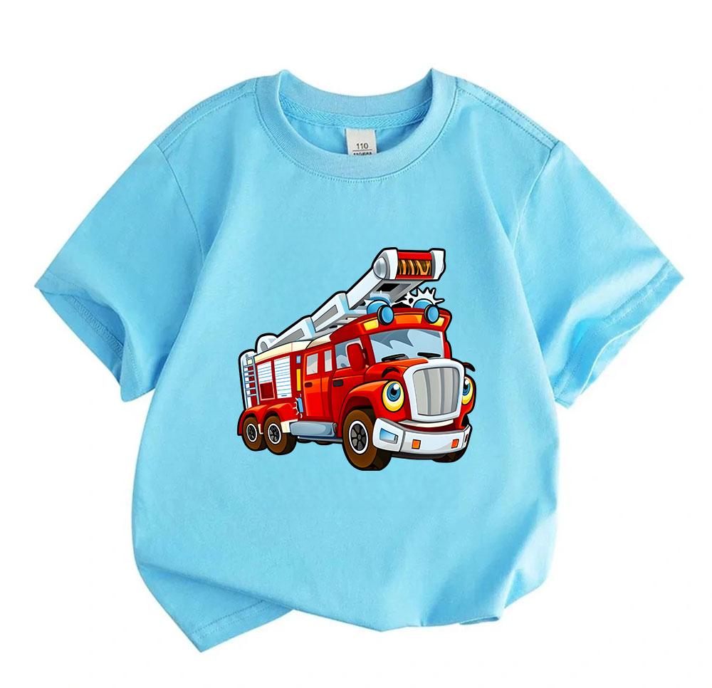 Kids Boys Girls Crew Neck Short Sleeve T-Shirt, 100% Cotton Casual Cute Cartoon Fire Truck Printed Soft Breathable Tee Top for Children Daily Wear