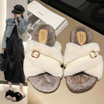 2025 Autumn and Winter New Cross-haired Slippers Women's Outer Wear Velvet Thick-soled Fashion Versatile Flat-bottomed Home Cotton Mop