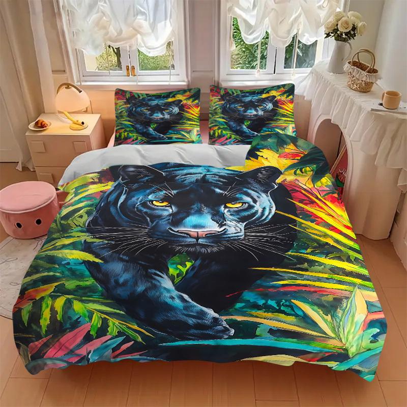 3pcs Panther, Jungle Duvet Cover Set -Includes 1 Duvet Cover and 2 Pillowcases, No Quilt Core, All-Season Home Decor  yy251111113