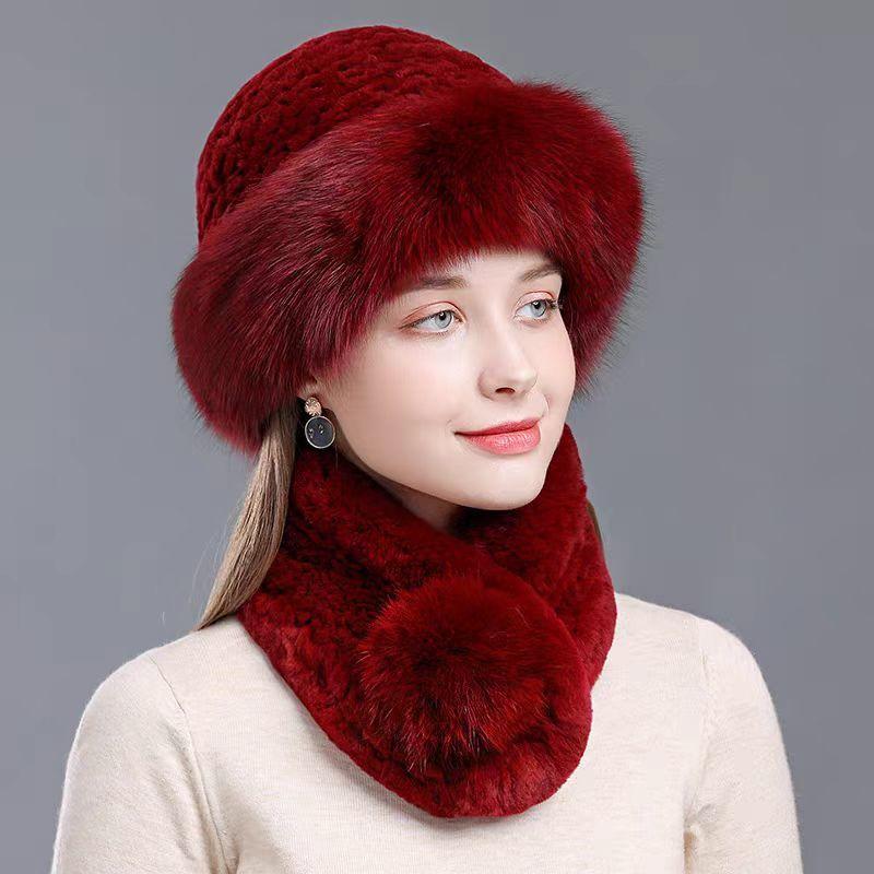 Women's Hat Faux Fox Fur Hat Winter Extra Thick Ladieswear Style Mongolian Beret Scarf and Baotou Basin Hat Wind and Snow Hat