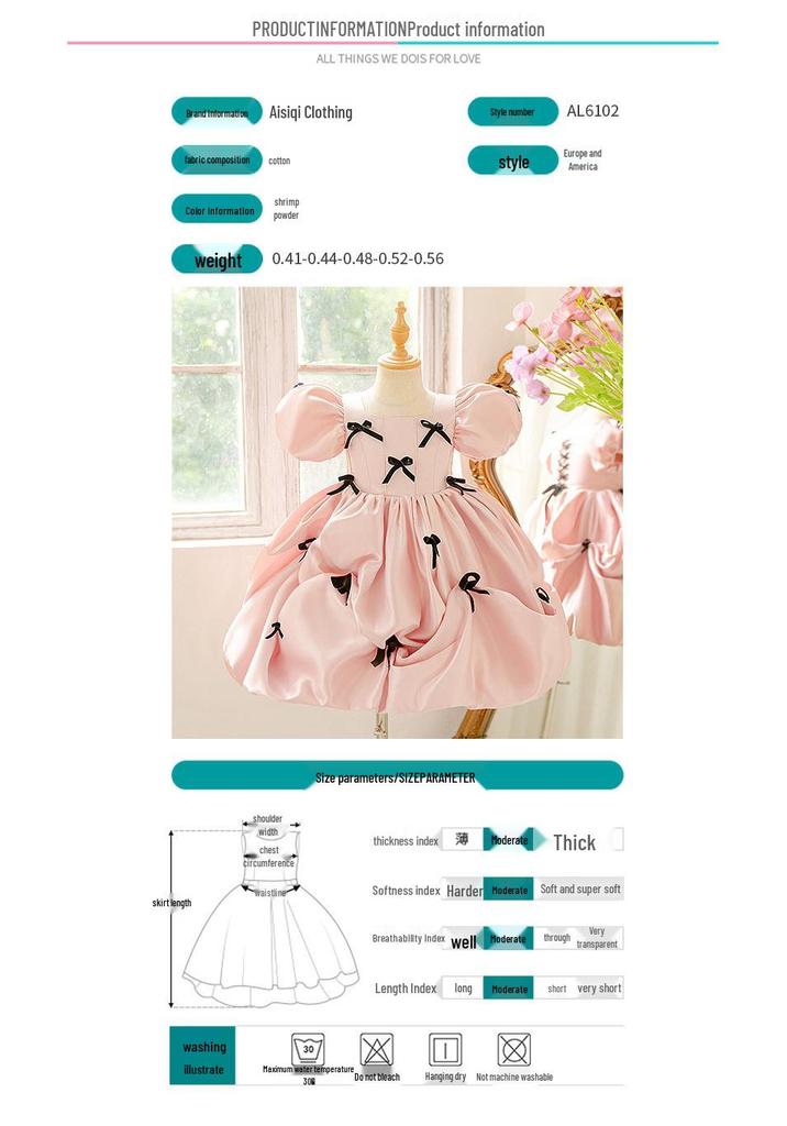 Elegant Girls' Princess Dress - Bow Puff Sleeve Birthday & Fashion Show Gown