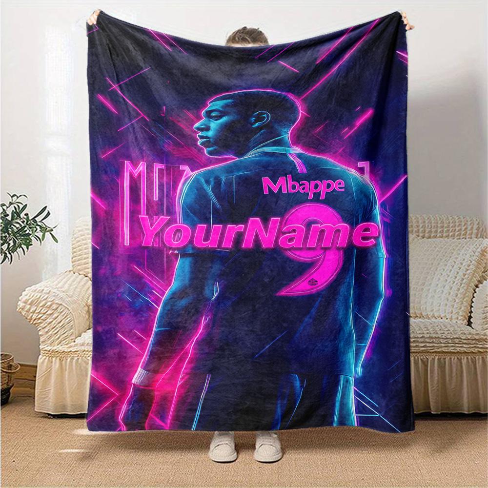 Mbappe Personalisierte Namensdecke Überwurf Personalisierte Decke Ultra-Weich Perfekt für Strandkorb Picknicks Nickerchen Ideal für Alle Jahreszeiten