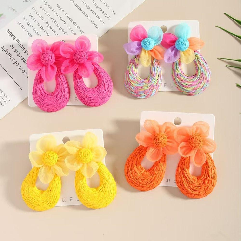 Boucles d'oreilles crochet tissage de paille en forme de U piercing plage boucles d'oreilles pendantes boucles d'oreilles fleur en maille cadeau pour filles
