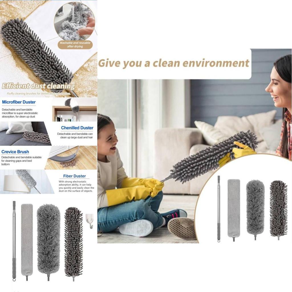 Extendable Feather Duster Brush Set With Telescopic Handle For Home Cleaning And Dust Removal