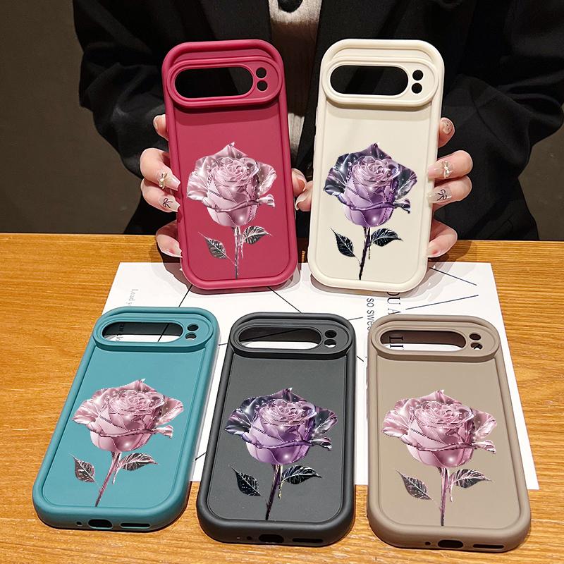Crystal Rose Flower Pattern Soft TPU Matte Case For Google Pixel 9 Pro XL 8 Pro 8A Solid Color Shockproof Lens Protection Phone Cover