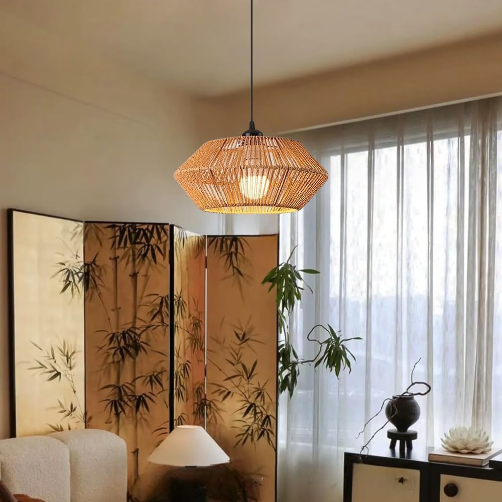 Boho Style Rattan Chandelier 32CM Lamp Shade Vintage Hanging Light Pendant Lamp for Home Decoration Lighting Fixture E27 Light
