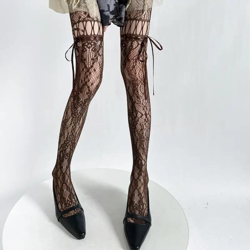 Hollow Lace Mesh Stockings with Bow Tie Pantyhose Lolita Retro Floral Vine White Black Purple Blue Grey Stockings for Women