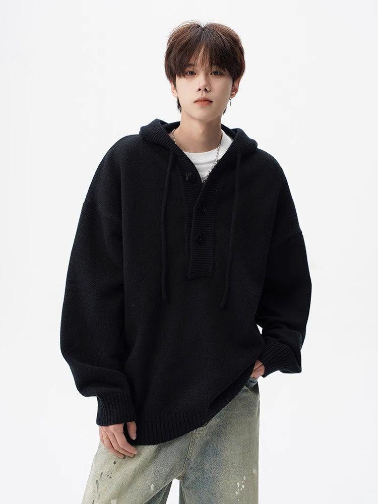 Men's Casual Knitted Hooded Pullover Sweater Coat - Autumn/Winter Versatile Loose Fit.
