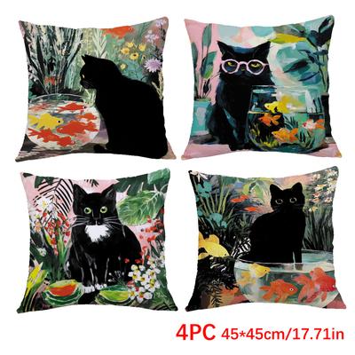 1/4pcs 45x45cm Cute Black Cat Fish Bowl Oil Painting Style Throw Pillow Covers Cushion Cover