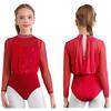 Body da Pattinaggio Artistico a Maniche Lunghe per Ragazze Costume da Danza Moderna Design con Schiena a Goccia Paillettes Strass Outfit