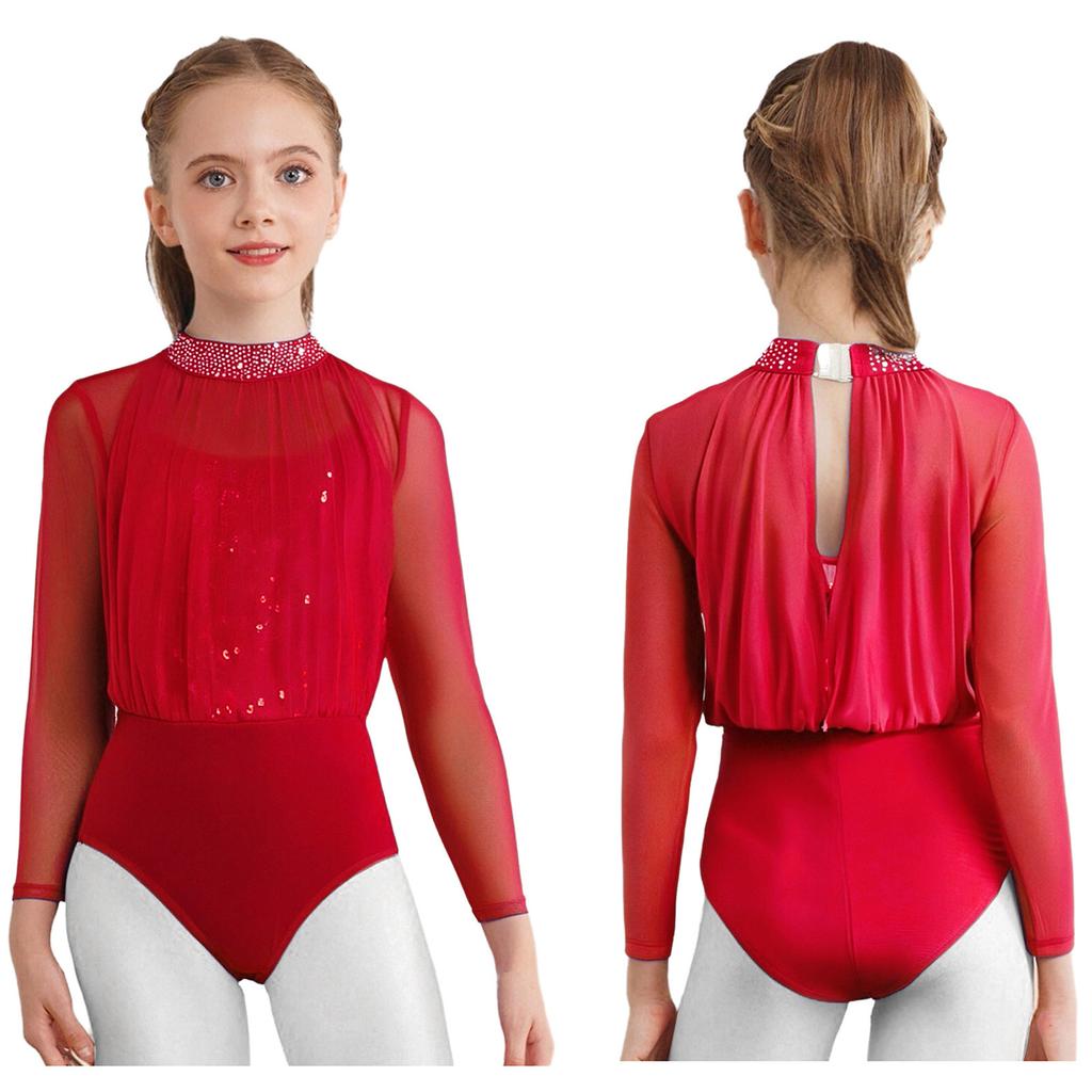 Body da Pattinaggio Artistico a Maniche Lunghe per Ragazze Costume da Danza Moderna Design con Schiena a Goccia Paillettes Strass Outfit