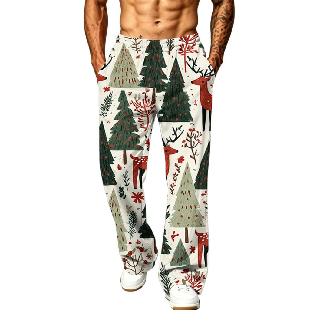 Men's Fashion Casual Loose Fit Wide Leg Christmas Print Sports Pants with Pockets