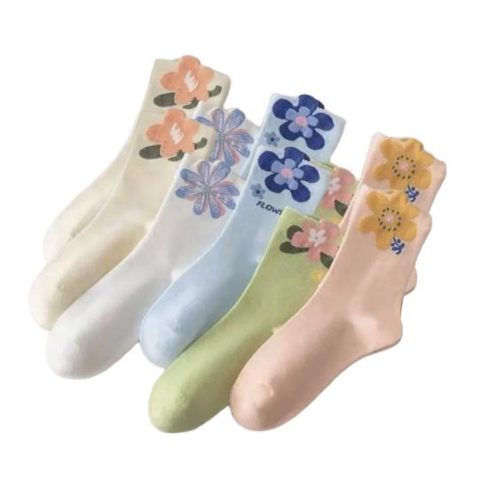 

5 Pairs Student Socks Flower Pattern Mid-Calf Warm Socks Breathable Moisture-Wicking Autumn Winter Socks
