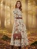 Retro Print V-Neck Waist-Cinching Long-Sleeve Women's Spring Dress 2026