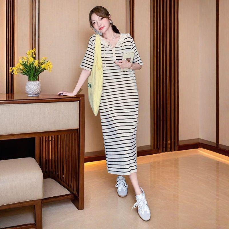 Korean Casual Striped Knit Hoodie Dress for Women, Summer College Style