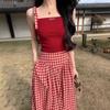 French Retro High-End Red Plaid Midi Skirt for Women - 2025 Summer Trend