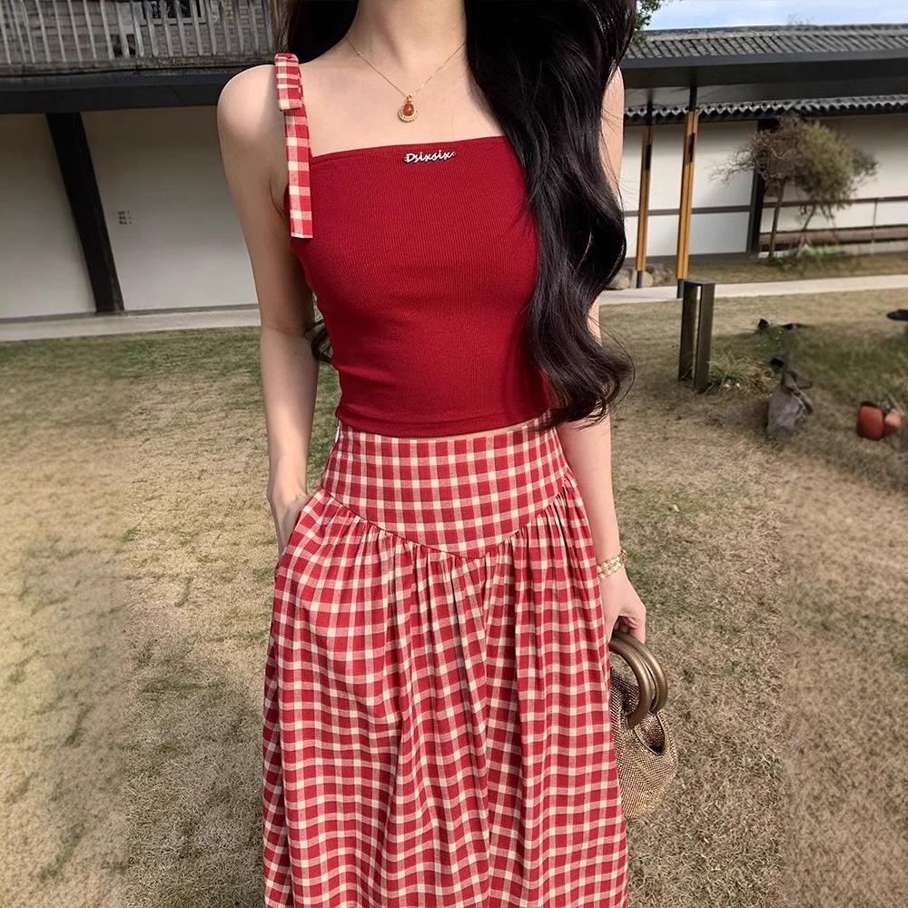 French Retro High-End Red Plaid Midi Skirt for Women - 2025 Summer Trend