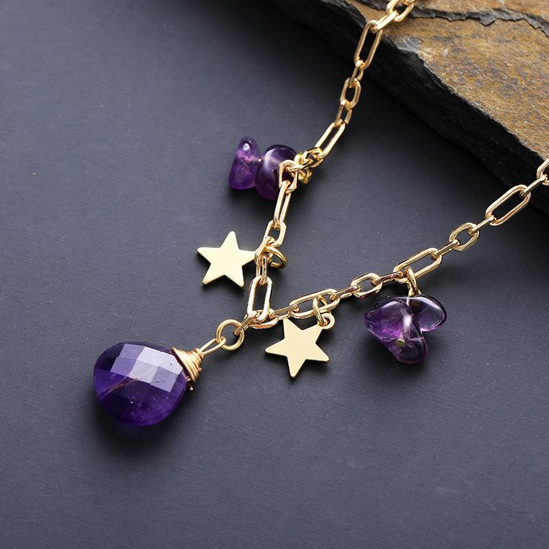 French Fashion Lazy Simple Natural Stone Handmade Water Drop Pendant Gold-Plated Chain Short Collarbone Necklace Gift Jewelry