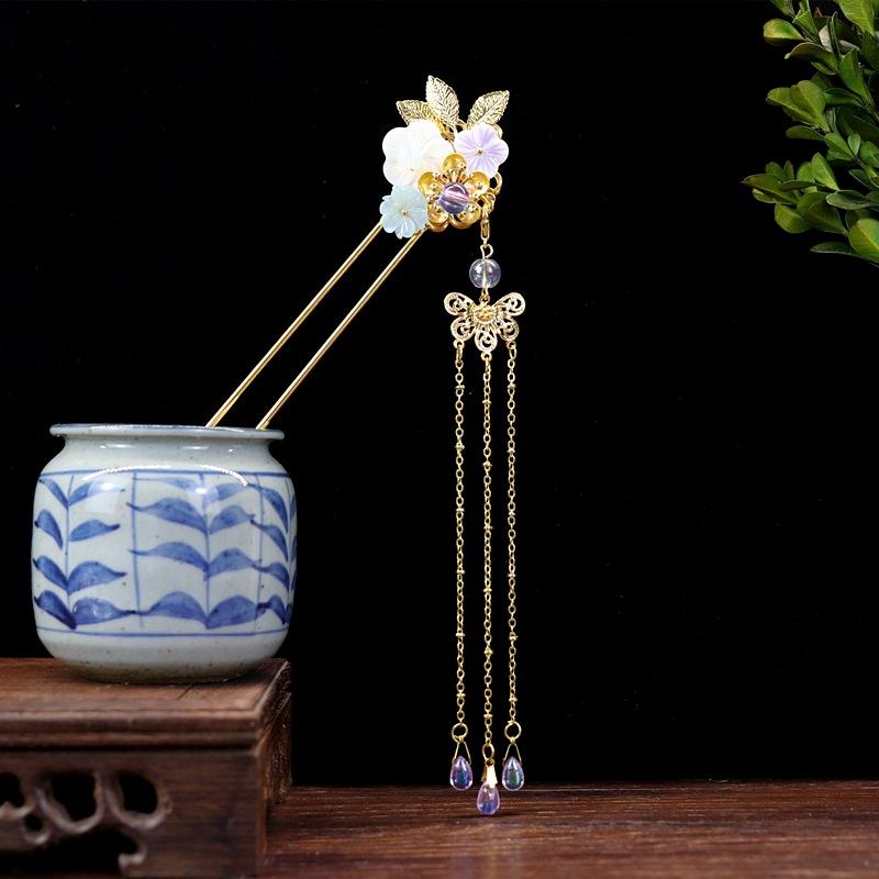 Handmade Retro Fairy Long Fringed Hairpin, Step Hairpin, Women's Ancient Costume Disc Hair Hairpin, Ancient Hanfu Headgear Accessories