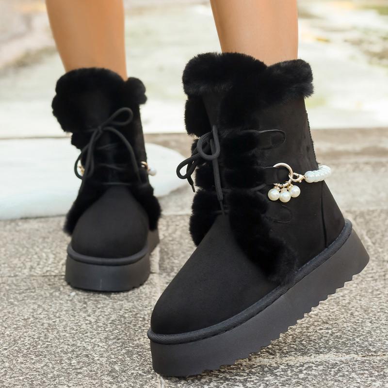 Non Slip Thick Bottom Furry Snow Boots Women 2025 Winter Pearl Bead Fluffy Fur Ankle Boots with Platform Warm Plush Suede Shoes