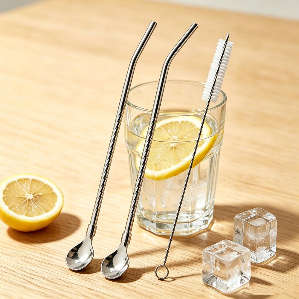 2Pcs Spoon Straws Stainless Steel Drinking Spoon Straws Reusable Metal Cocktail Spoons Straws with 1Pc Long Cleaning Brush серебряный