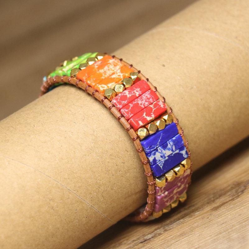 Rainbow Chakra Leather Wrap Bracelet – Gold Accent Boho Jewelry, Energy Balance Joy Gift for Women